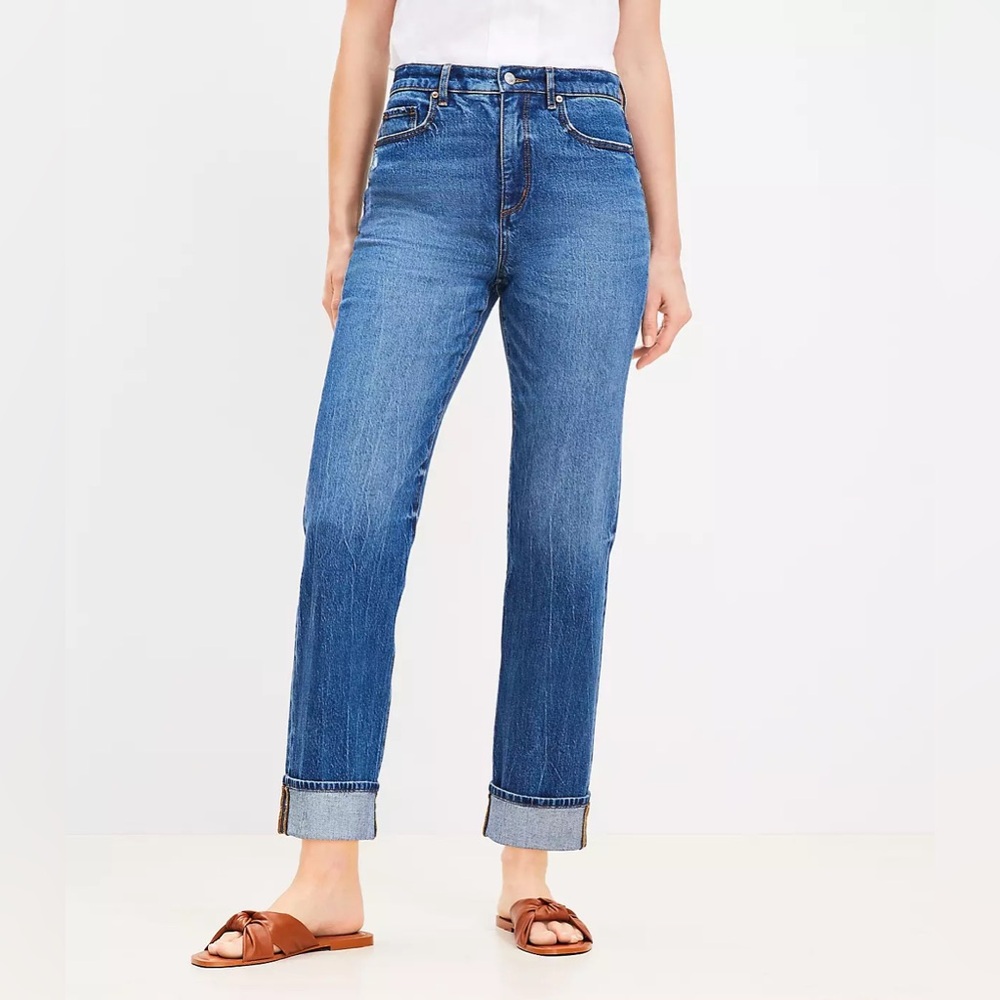LOFT Cuffed high rise straight leg Jeans in mid indigo